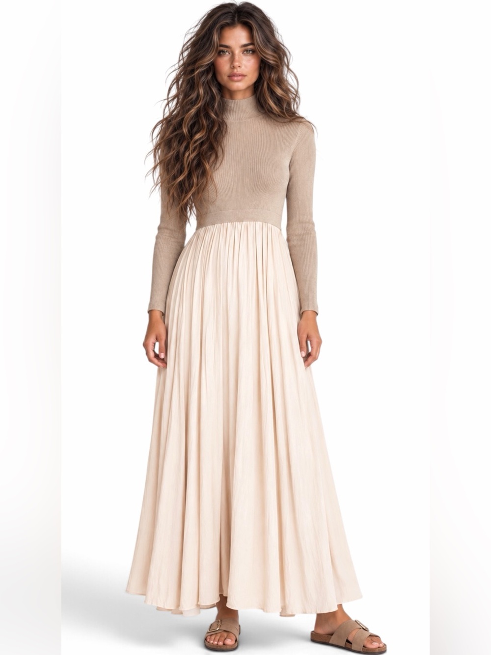 Anthropologie – Thea Long-Sleeve Twofer Maxi Dress – Taupe/Cream – Sz. M